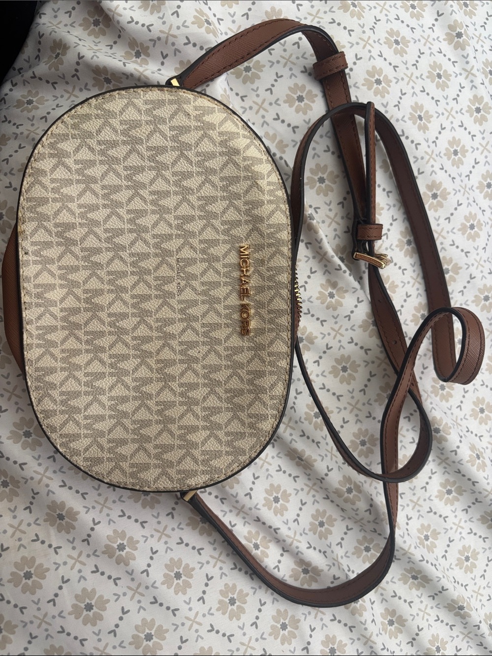 Michael Kors Beige Logo Convertible Crossbody with Brown Trim